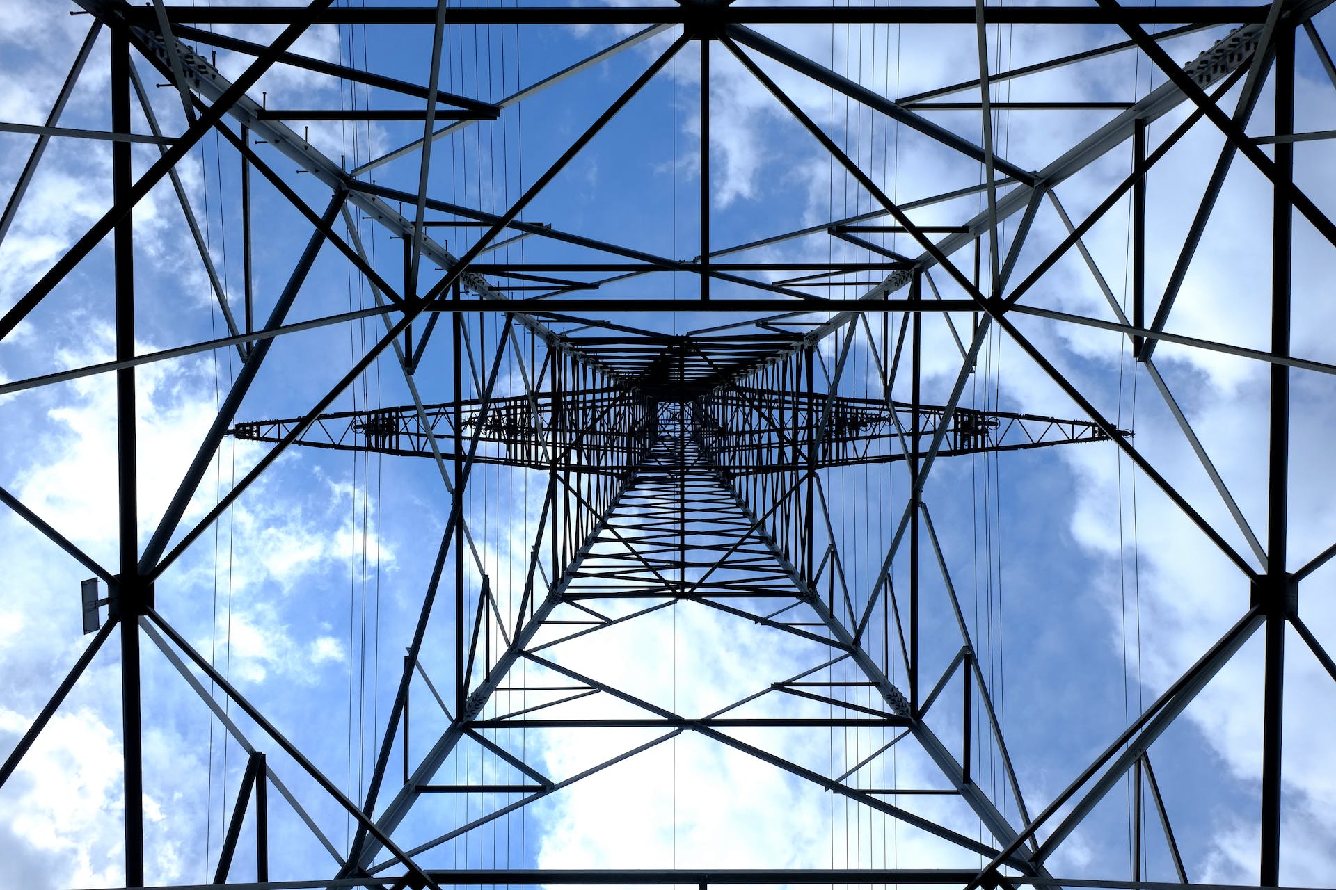 8 image looking up from inside a transmission tower